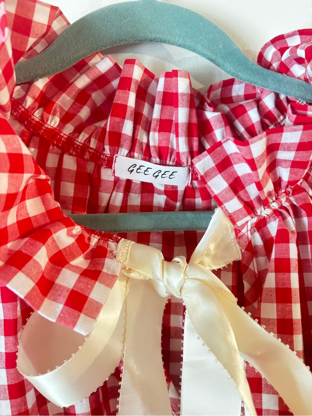 GeeGee Red Gingham Ribbon Bow Top with Ruffle Collar XL - Picture 6 of 8